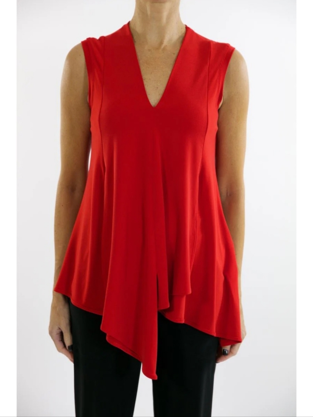 Ribkoff Asymmetric Hem Red V-Neck Sleeveless Tunic Top